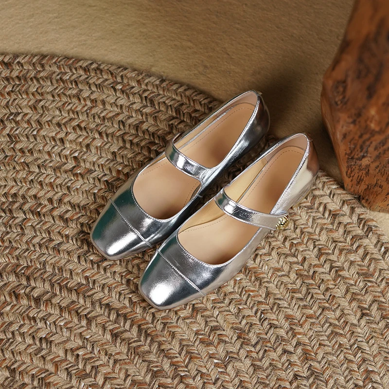 Spring cow leather women's shoes square toe stitching thin belt buckle metal decoration medium heel thick heel women's shoes