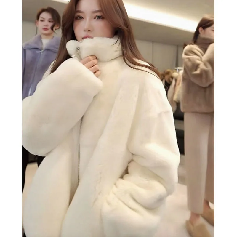 Parkas Women's Outdoors Coats Jackets 2022 Winter Faux Fur Rabbit Splicing Stand Collar Keep Warm Cardigan Casual Jacket Woman
