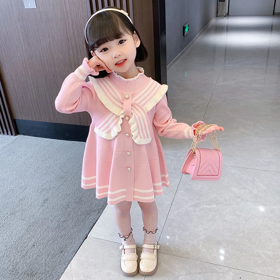 Платье-свитер для девочек вязаное платье в полоску повседневные стильные