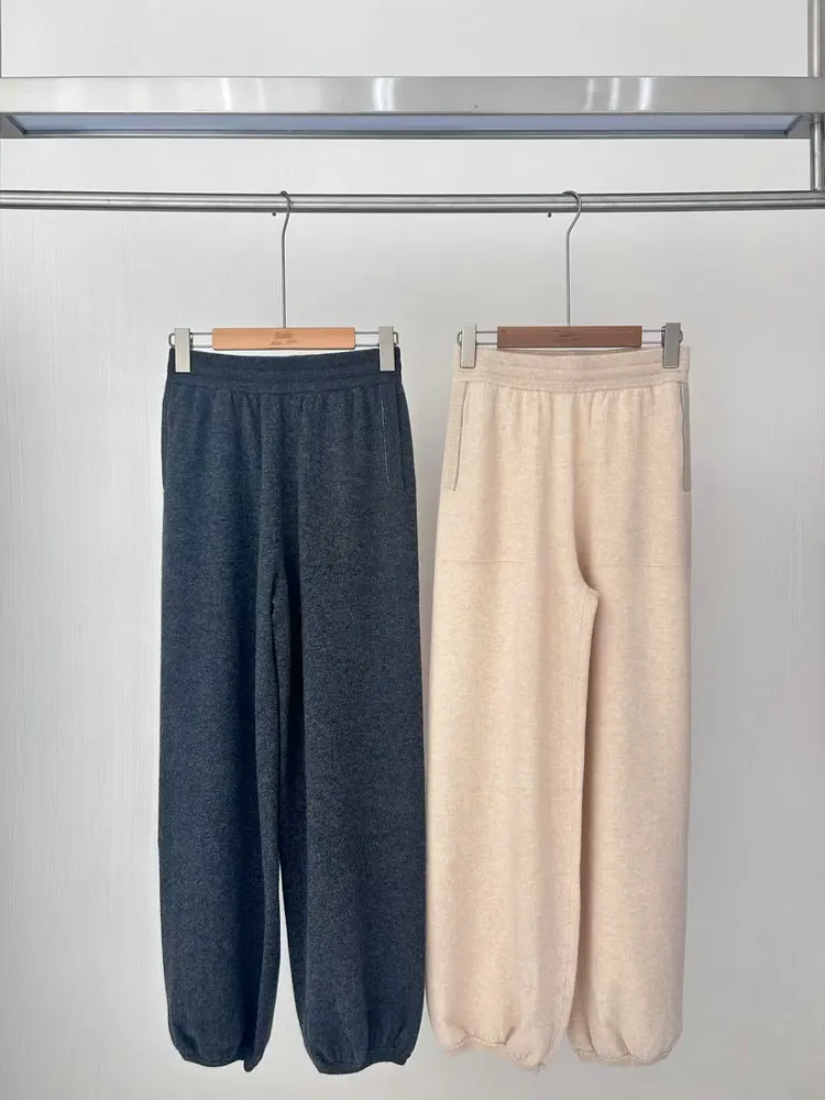 Autumn B*C Women 100% Cashmere Set Long Sleeve Hooded Cardigan or Elastic Waist Wide Leg Pants Casual Female Knitted Suit