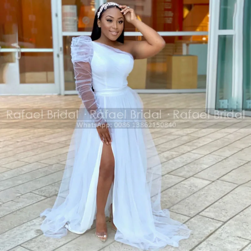 

One Shoulder A Line Wedding Dress Side Split Illusion Long Sleeves White Tulle Plus Size Women Formal Party Dresses Bridal Gown