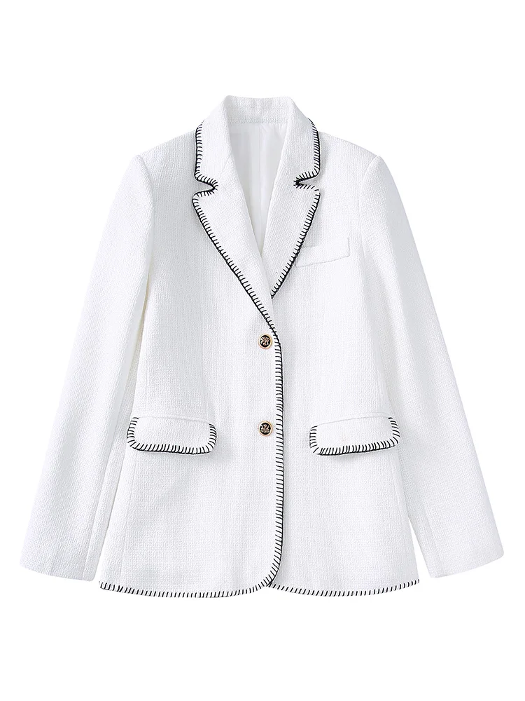 

Office Elegant Blazers For Women Notched Lapel Long Sleeve Single Breasted Blazer Contrast Seam Trim White Blazer Suit Jacket