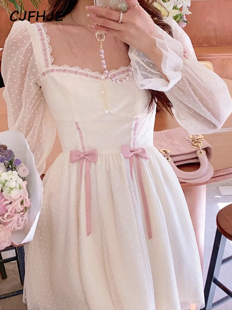 

CJFHJE 2022 Autumn Vintage Lolita Dress Casual Bow Long Sleeve Lace Y2K Mini Dress Party Elegant One Piece Dress Kawaii Clothing