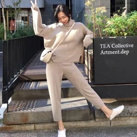 winter casual sweater pants knitted 2 pieces set 2022autumn turtleneck sweater pullovers elastic waist pants women knitted set