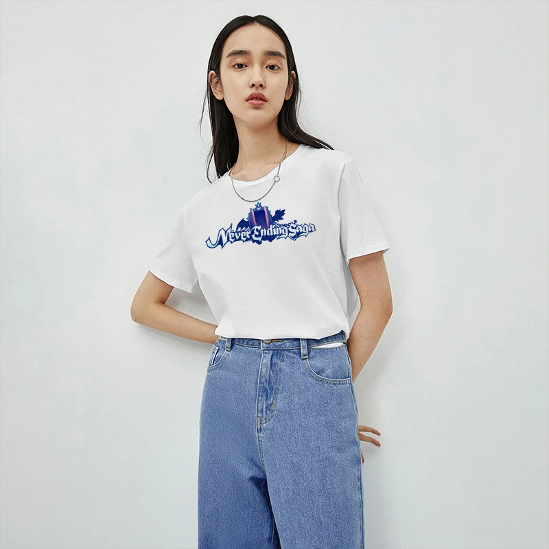 

Fashion women's T-shirt Halloween top blue text print summer short sleeve casual loose round neck Korean 100% pure cottonT-shirt
