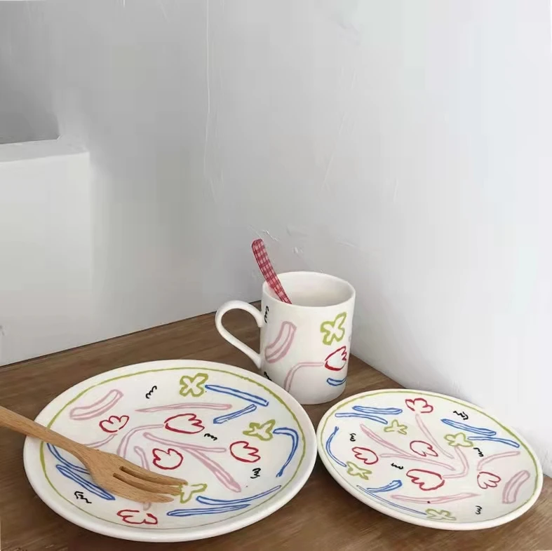 

Korean Ins Style Hand-painted Graffiti Ceramic Plate Dessert Dish Household Dish Swing Props Mug