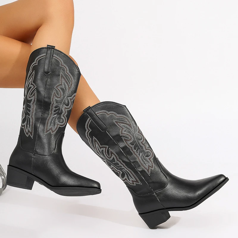 Женские сапоги в стиле вестерн с вышивкой ретро осенне-зимние до колена из