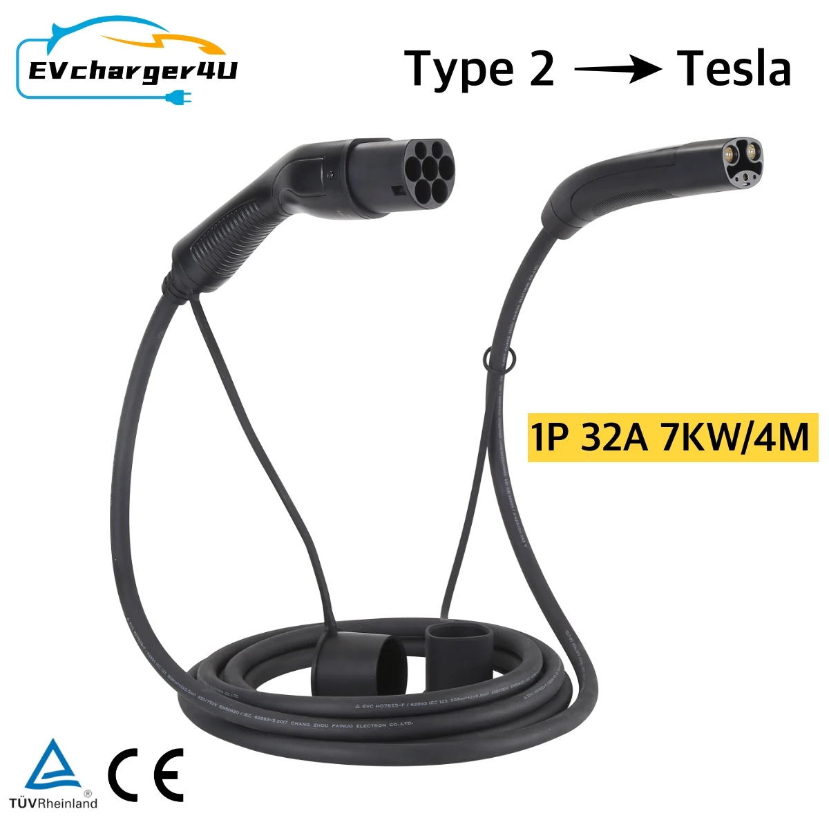 

Зарядный кабель EVcharger4U Тип 2 к Tesla EV, 4 м/5 м/7 м, 1 фаза, 32 А, 7 кВт, IEC62196 Тип 2, кабель NACS для США, модель 3 X S Y