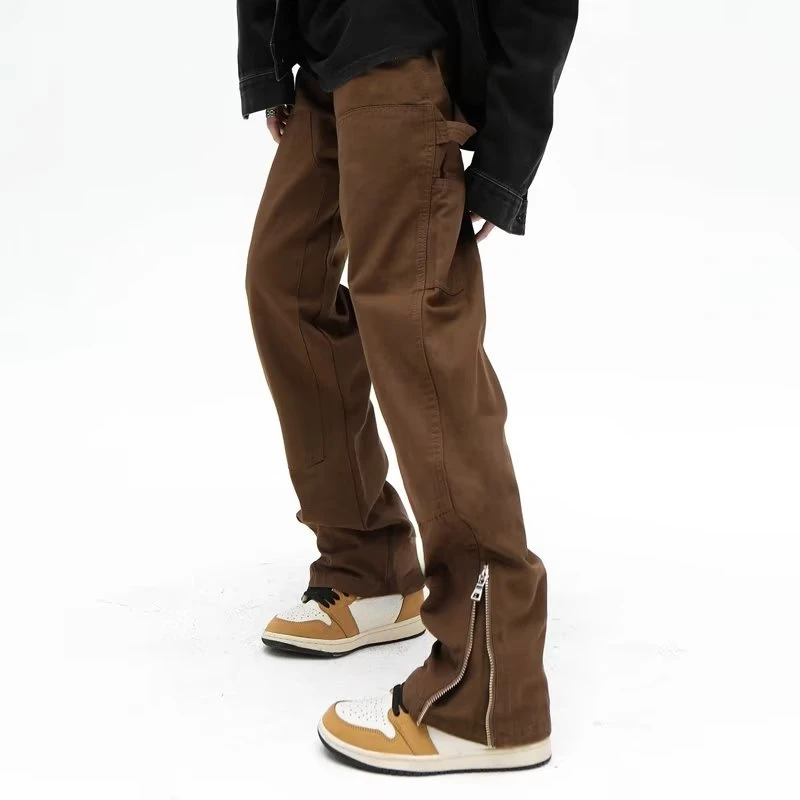 2023 High Street Ankle Zipper Vintage Brown Hip Hop Men Cargo Jeans Pants Y2K Clothes Straight Baggy Long Trousers Ropa Hombre