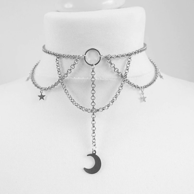 

Goth Dainty Chain Crescent Moon and Stars Choker Witch Necklace Silver Colour Pendant Punk Jewelry Women Gift Fashion Gothic New