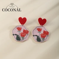 coconal women red heart earrings rose flower geometric stud earrings acrylic long dangle drop earrings jewelry gift girlfriend