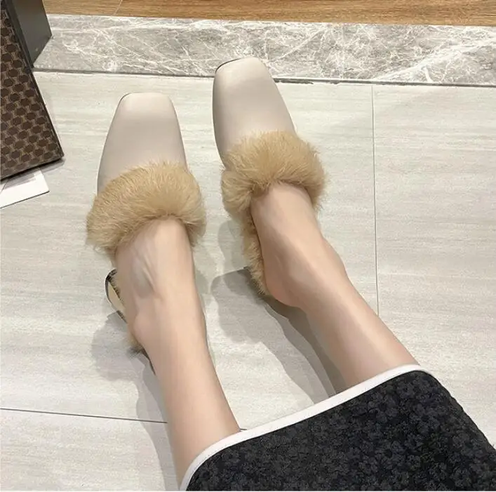 Outdoor winter women's plush thick platform warm square head cotton slippers fur household comfortable anti-skid women's outer s