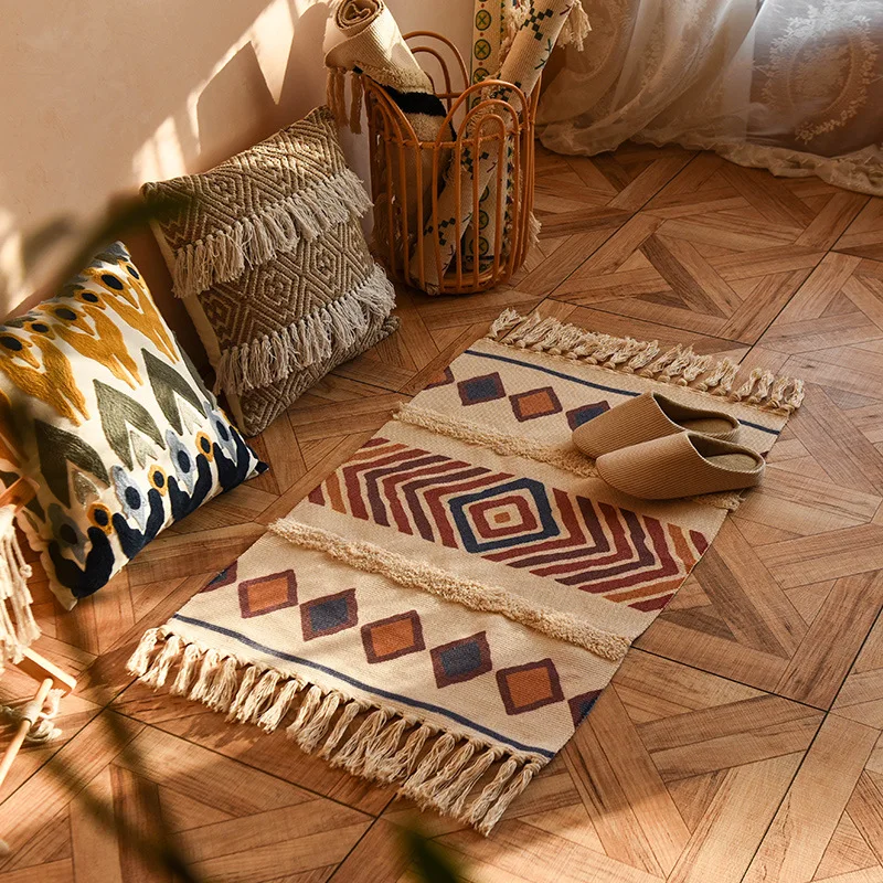 

Bohemian Rug Cotton Linen Tassel Hand-Woven Floor Mat Bedroom Bedside Carpet Simple Modern Machine Washable 60*90cm