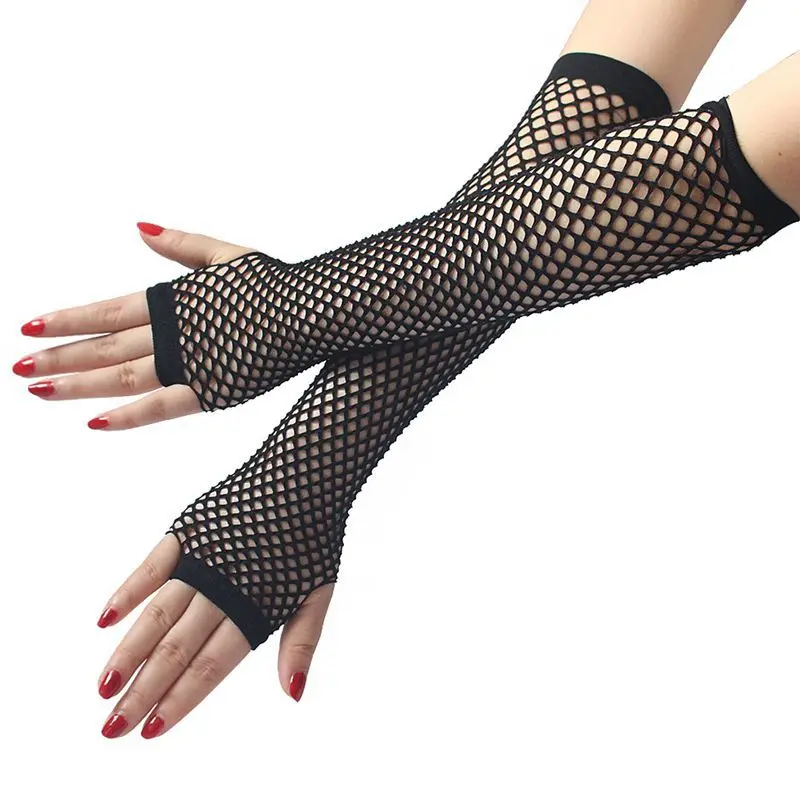

Women Gloves Hollow Out Holes Sexy Punk Goth Ladies Disco Dance Costume Fingerless Mesh Fishnet Long Black Glove Cosplay Costume