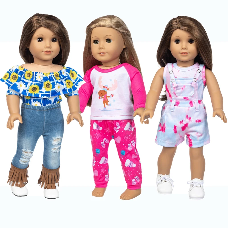 Одежда для кукол-младенцев: голубая рубашка и джинсы с бахромой на 17-дюймовую куклу-девочку, джинсовые брюки на 18-дюймовую куклу-девочку. Подарки.