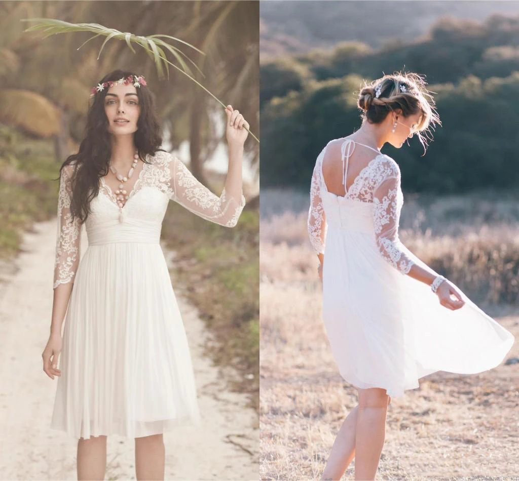 

Boho Short Lace Wedding Dresses with Ivory Sheer 3/4 Long Sleeves V Neck Pleated A-Line Knee Length Chiffon Beach Bridal Gowns