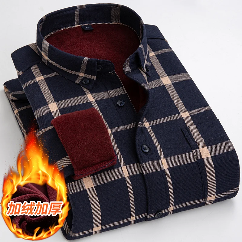2023 Mens Plaid Shirts Warm Thickening and Fleece Lining High Quality Plus Velvet Button Down Shirts Autumn/Winter Male Clothing
