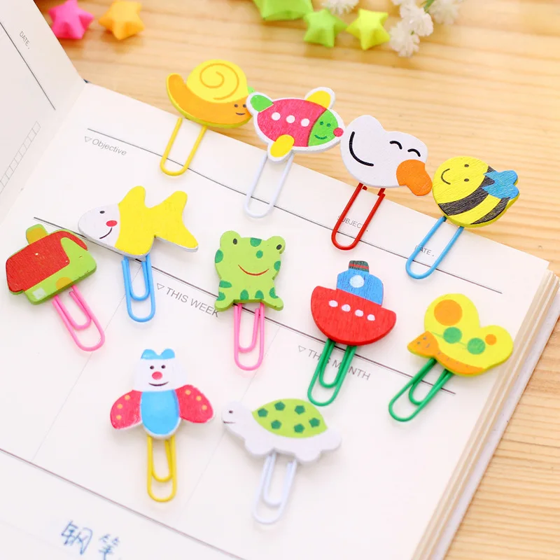 

12 Pcs/pack Creative Animal Cute Paper Clip Shape Bookmark Paper Clip Wooden Kawaii Bookmarks Student Stationery Wholesale