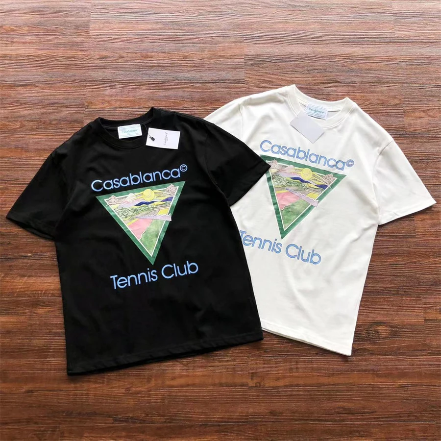 

Tennis Club Casablanca T-Shirt Men Women Tags Tee Top Hill Print Black White T Shirt