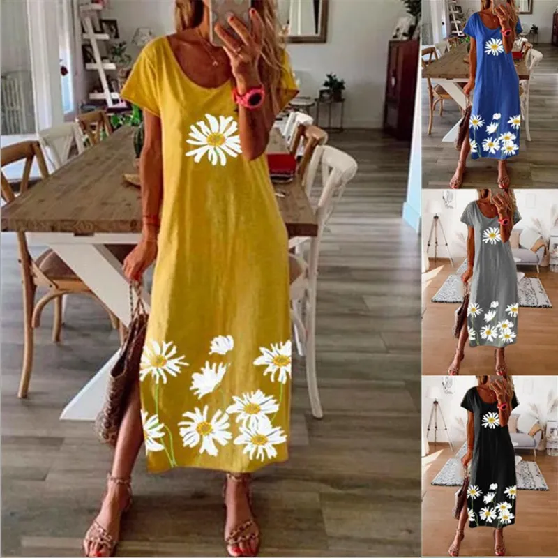 

Women's Short-sleeved Plus-size Dresses Are Popular with Daisy Print Dresses with A Slit