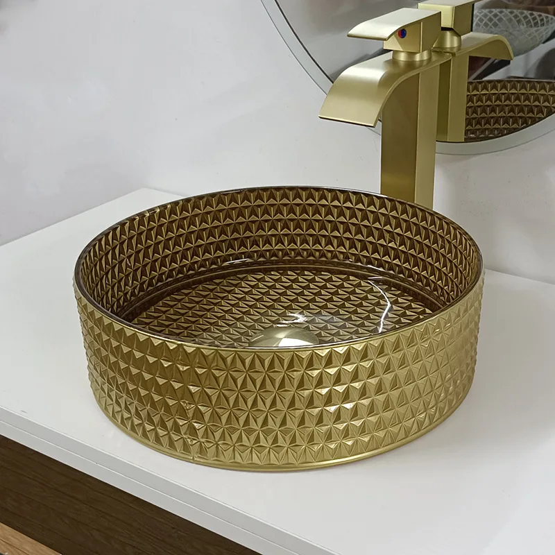 

Tempered Glass Bathroom Vessel Sink Waterfall Chrome Brass Faucet Combo Gold Fish Art Design Glass Lavatory Basin Set