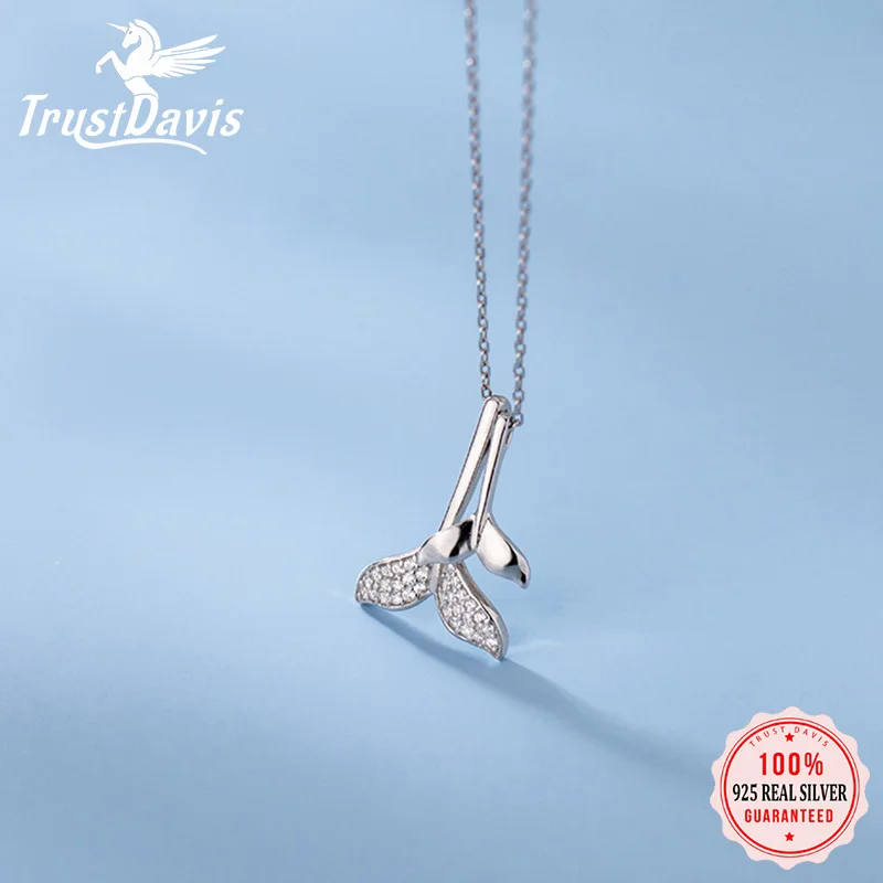 TrustDavis Real 925 Sterling Silver Necklace Mum Daugther Whale Tails Love Pendants Gift for Women Birthday Fine Jewelry DA2896