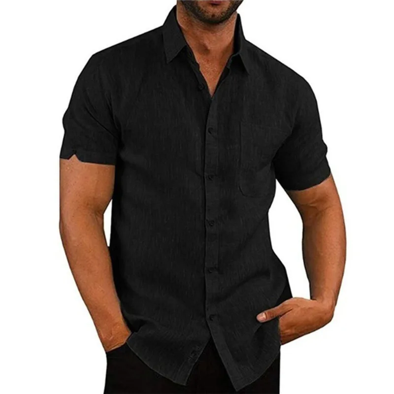 Hot Sale Summer Lapel Solid Color Short Sleeve Button Men's Linen Shirt