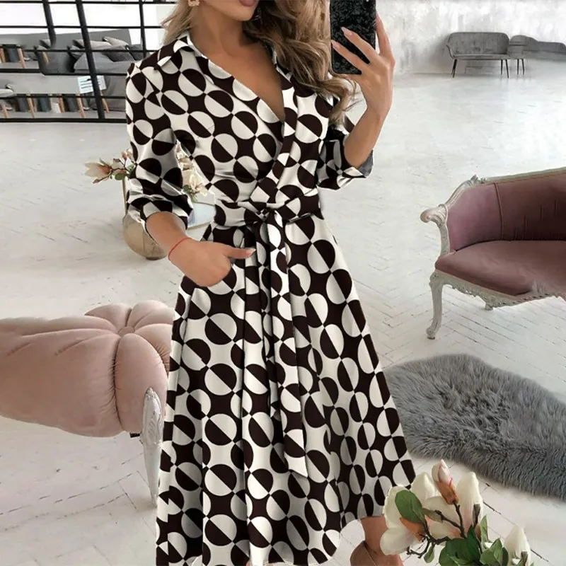 

Women 2022 New V-Neck Sexy Dresses Elegant Butterfly Print Long Sleeve Lace Up Wrap Midi Dress Summer Office Lady Party