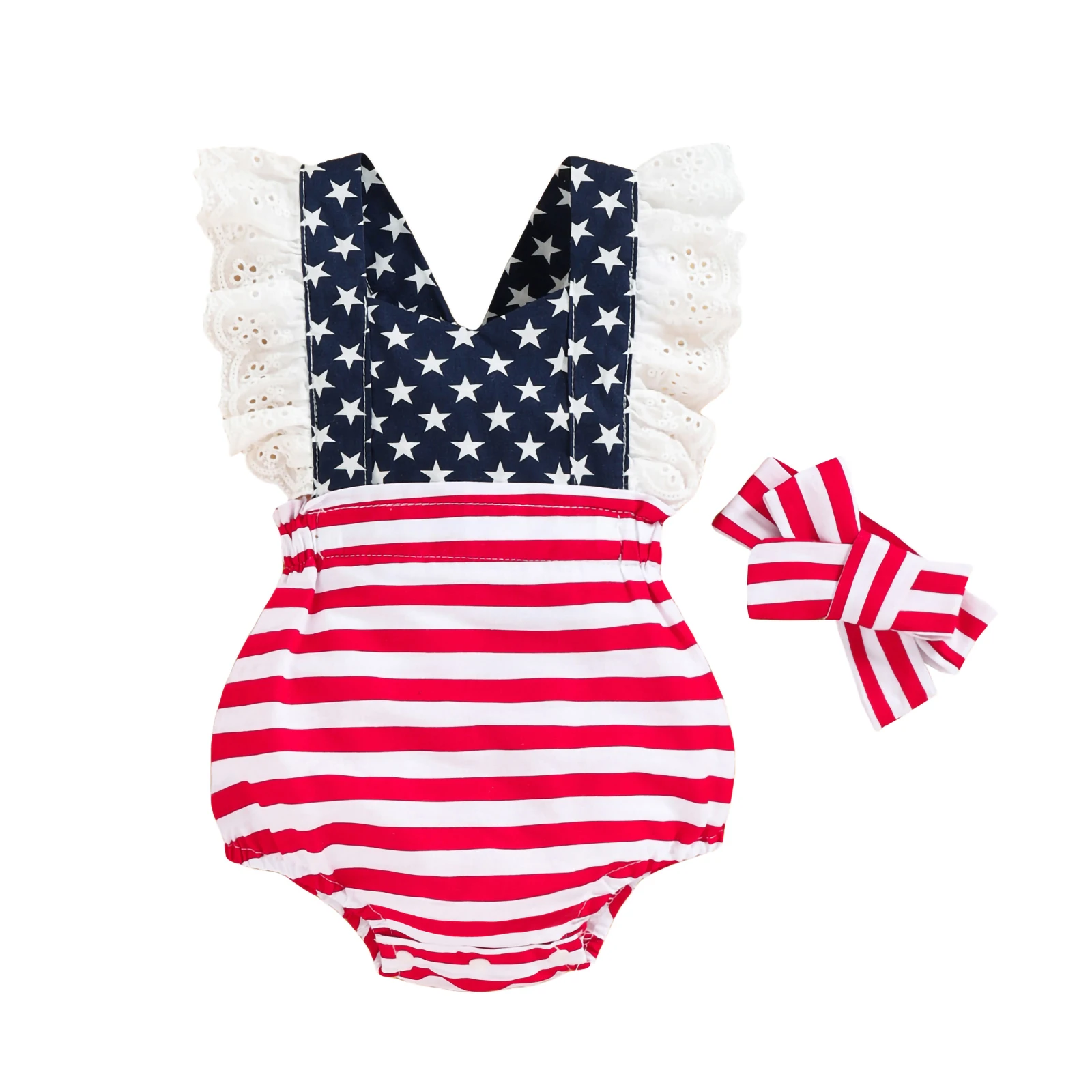 

2022-04-01 Lioraitiin 0-18M Baby Girls Independence Day Layette Star Stripe Print Sleeveless Romper Headdress Navy/ Red