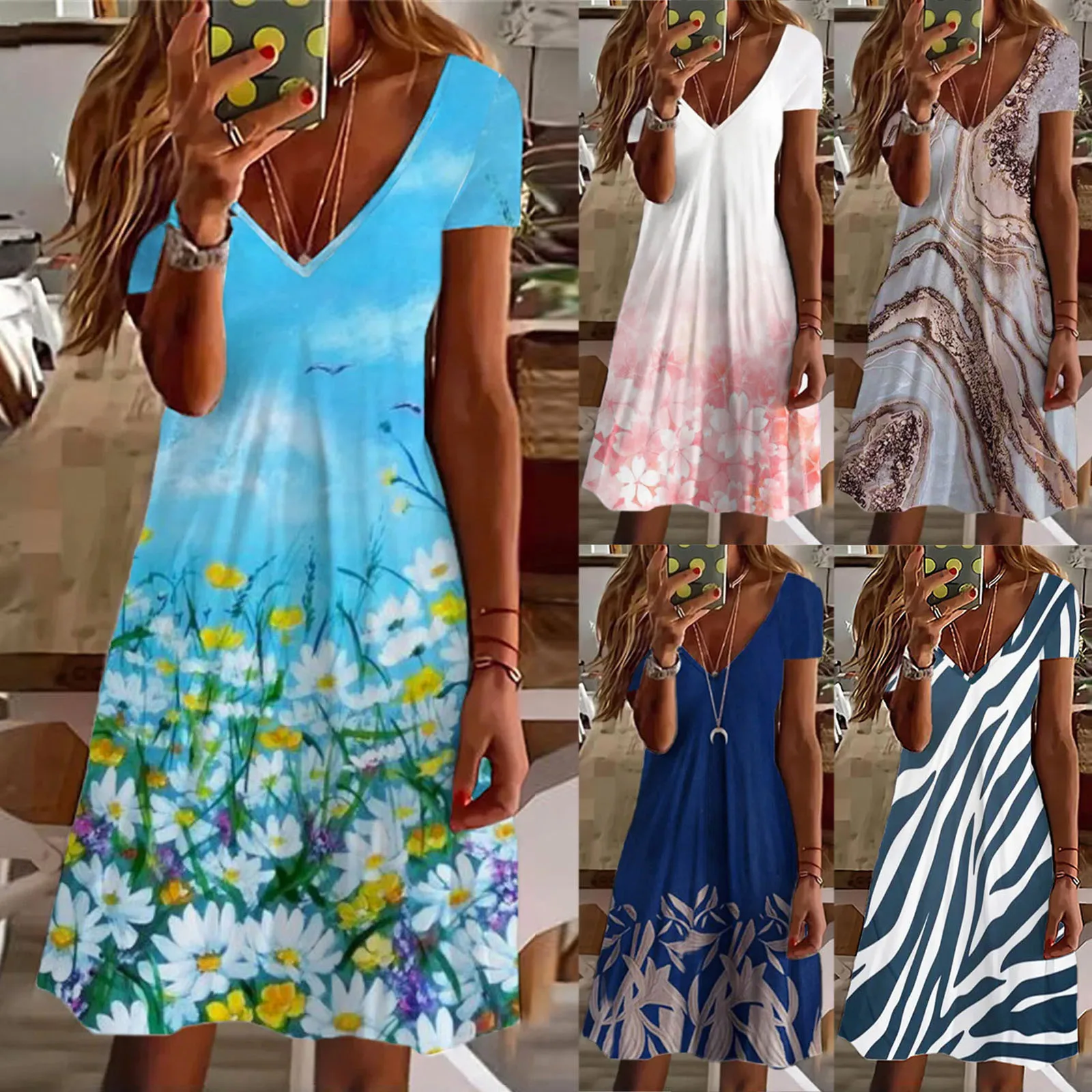

Women Casual V Neck Summer Floral Printed Short Sleeve Dress Beach Sundress