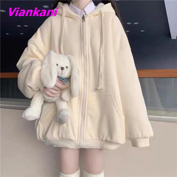 

Kawaii Hoodies for Women Autumn Cute Zipper Solid Color Sweatshirts Korean Fashion 2022 New All-match Loose Hoodies Jackets