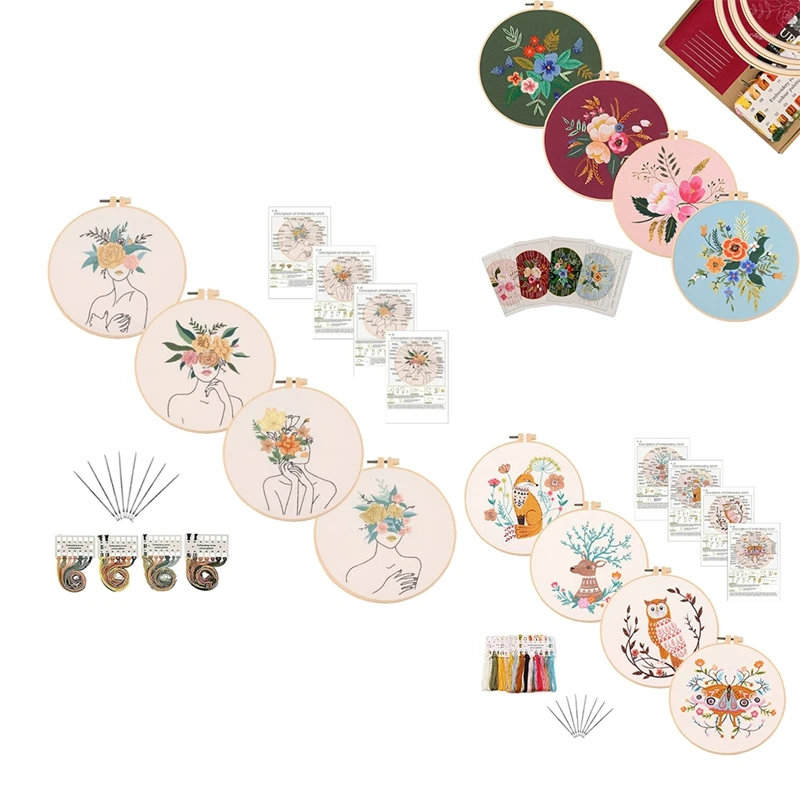 

4 Pack Embroidery Kit For Cross Stitch Starter Kit Include Craft Stamped 4 Embroidery Cloth With