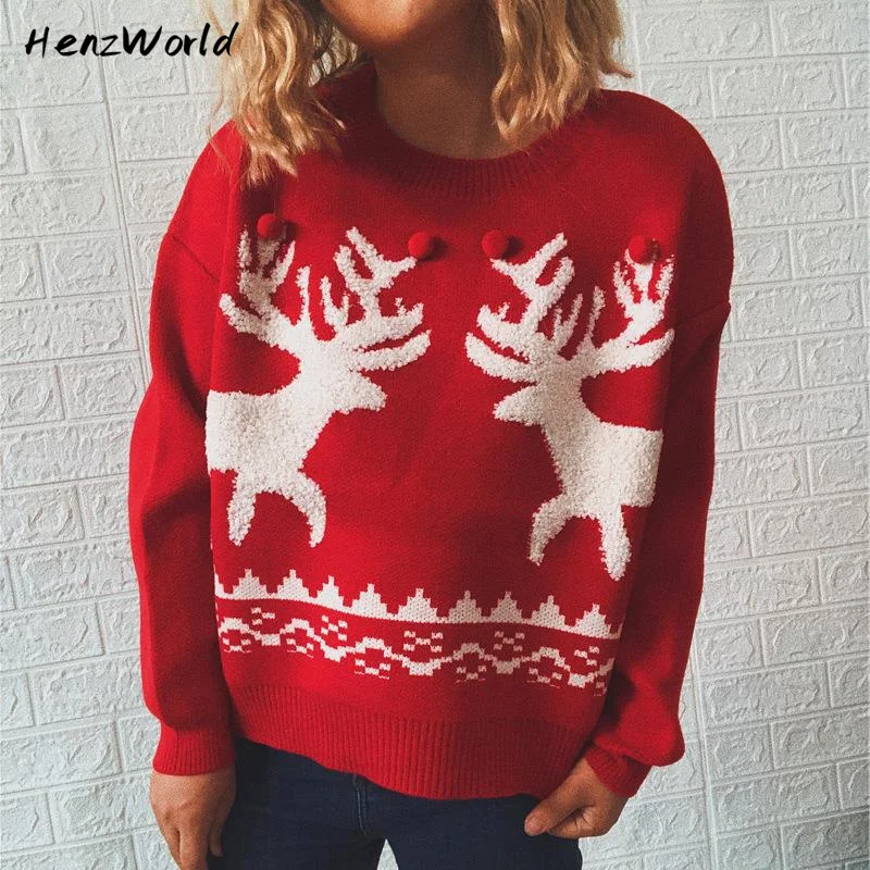 

Women's Sweater Winter Knit Kroean Clothes Official Pullover Tops Elk Christmas Sweatershirt Round Neck Long Sleeve Traf Dress