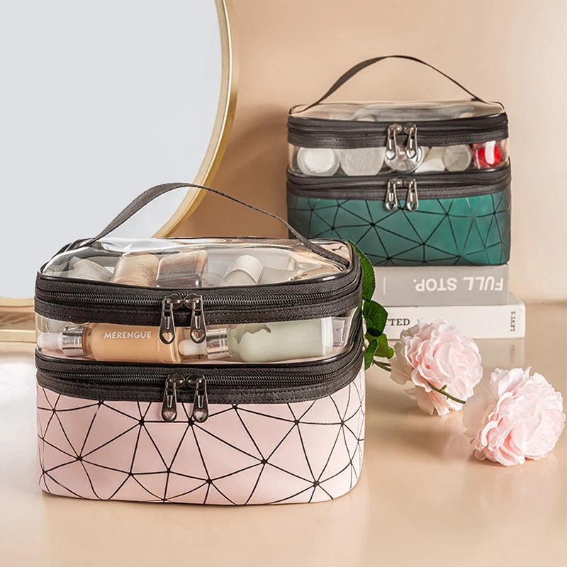 

Pu Cosmetic Bag Rhombus Multifunction Double Transparent Cosmetic Bag Women Make Up Case Big Capacity Travel Makeup Organizer
