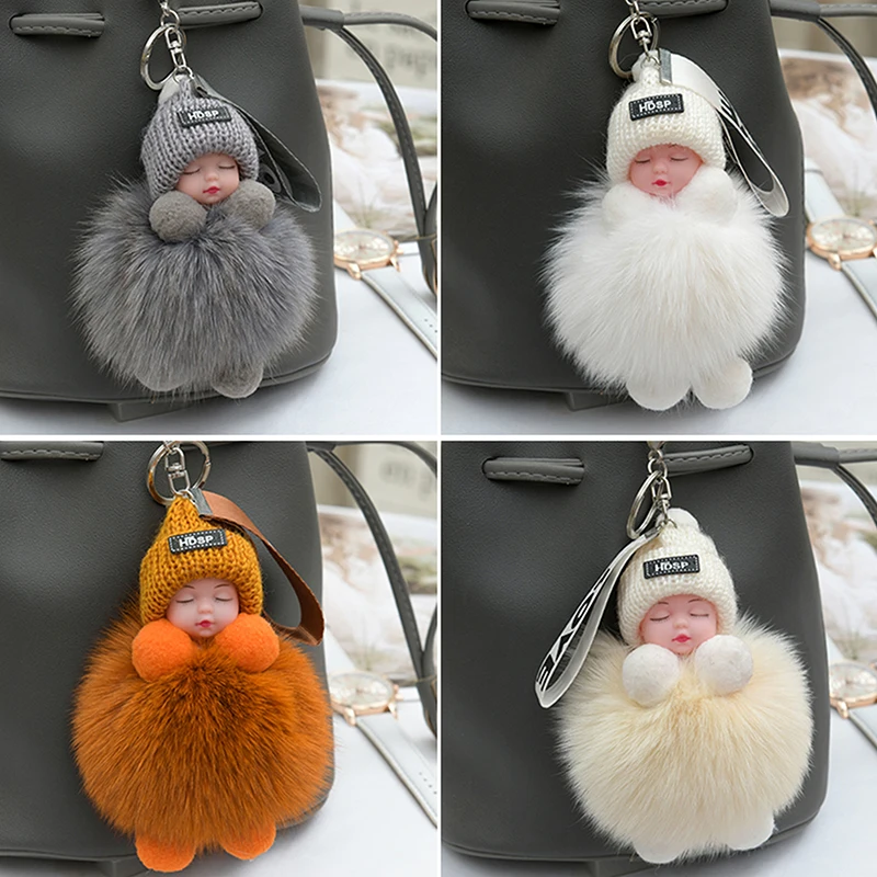 

Pompom Sleeping Baby Keychain Cute Fluffy Plush Doll Keychains Women Girl Bags Keyrings Cars Key Ring Gift Charming Decoration