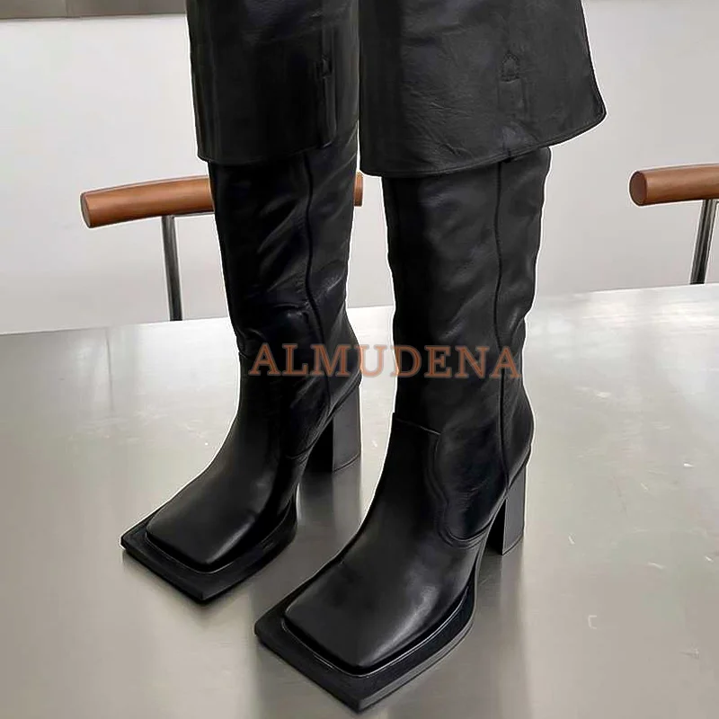 Black Square Toe Chunky Heel Sleeve Knee Boots Women Punk Style Leather Over the Knee Boots Women Cool Shoes 2022 Winter New