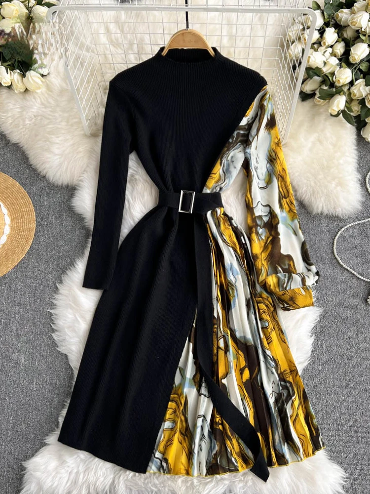 

Женское платье с длинным рукавом, трапециевидная юбка в этническом ретро-стиле с принтом