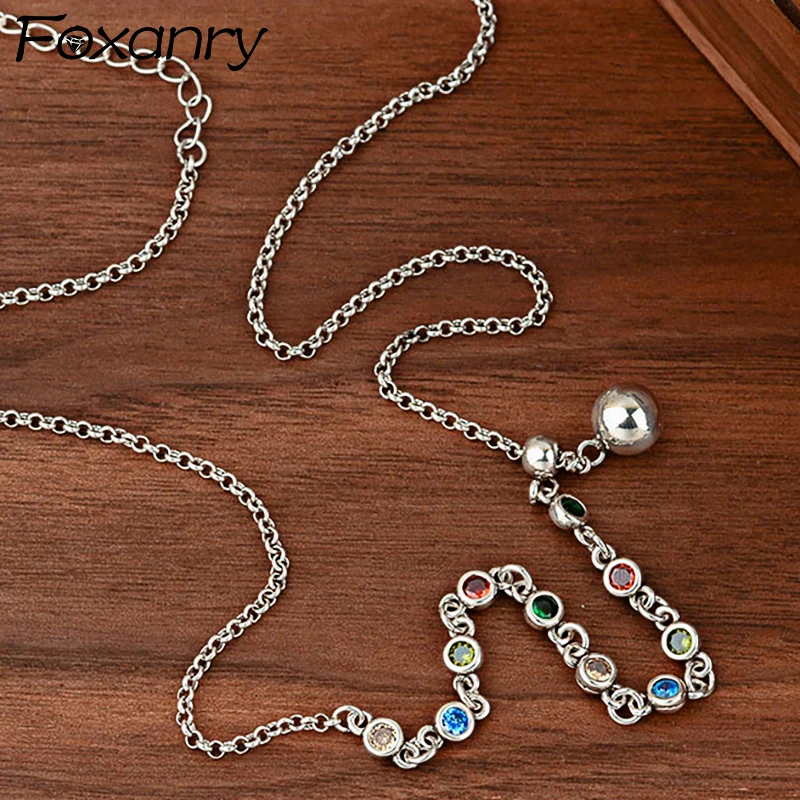 

S925 Vintage Punk Sweater Necklace for Women Couples Trendy Elegant Multicolor Zircons Ball Pendant Wedding Bride Jewelry