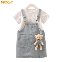 vfochi 2022 girl denim suspender skirt with teddy bear summer children clothes kids pink skirt for girls jeans overalls 2 10y