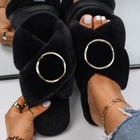 womens slippers shoes faux fur slides minimalist ring flat fur sandals luxury designer flip flops female winter indoor slippers