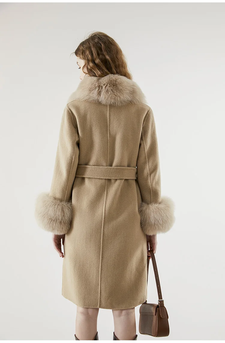 2022 X-long Real Fur Coat Belt Winter Jacket Cashmere Wool Blends Women Natural Fox Fur Collar Streetwear Outerwear