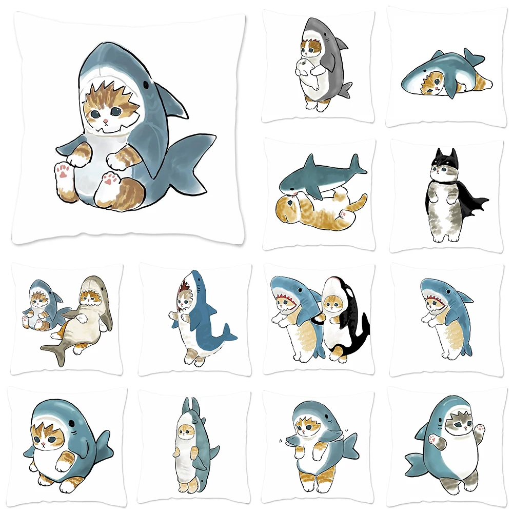 

Funny Cat Shark Pillow Case Home Decoration Polyester Pillow Cover for Sofa Kawaii Cushion Cover Fundas Cojines 45 X 45cm