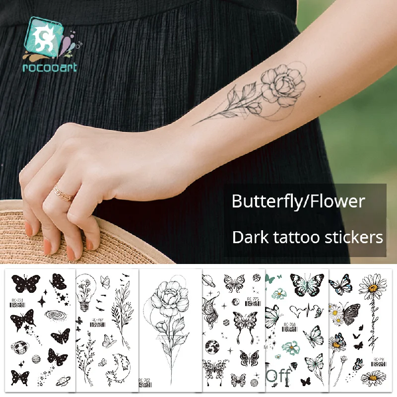 

New Butterfly Small Fresh Tattoos Sticker Waterproof Retro Black and White Personalized Temporary Tattoos Sticker 60*105mm