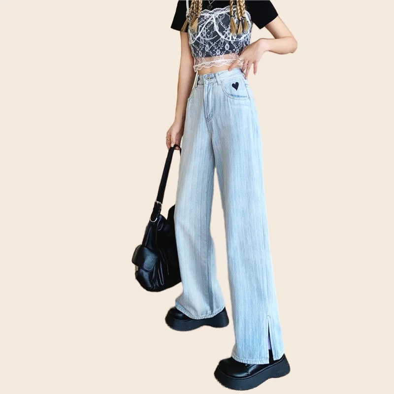

Fashion Jeans Women's Blue Wide Leg Denim Full-Length Pants High Elasticity Strecth Love Pattern Print Loose Pant
