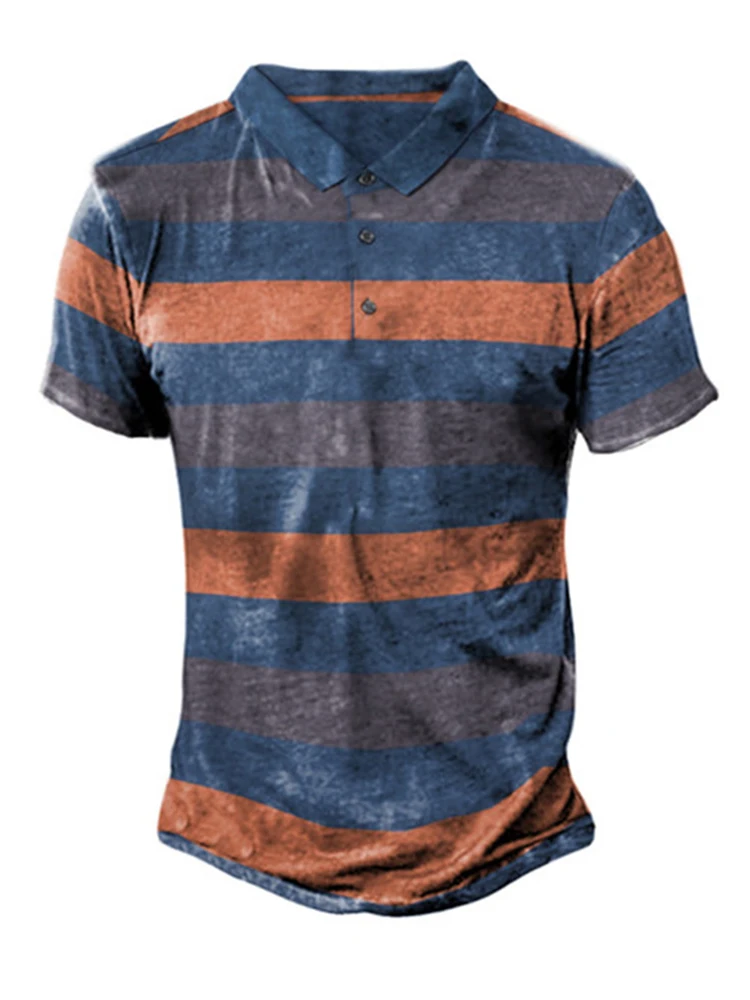 

Summer Short Sleeve Polo Shirt Men Striped Printed Turn-down Collar Button-up Tops Polos Mens Clothing Casual Fashion Streetwear