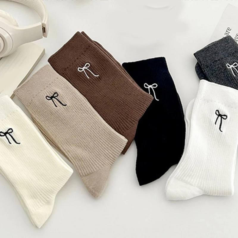 SZL 3 пары женских хлопковых носков с милыми бантами и вышивкой дышащие