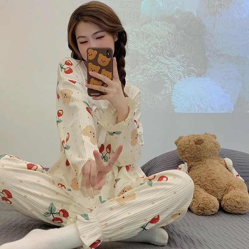 Yasuk Spring Autuum Fashion Women's Casual Print Pocket Sleepwear Homewear Cute Lovely Pajamas With Pants Soft Lace Cherry