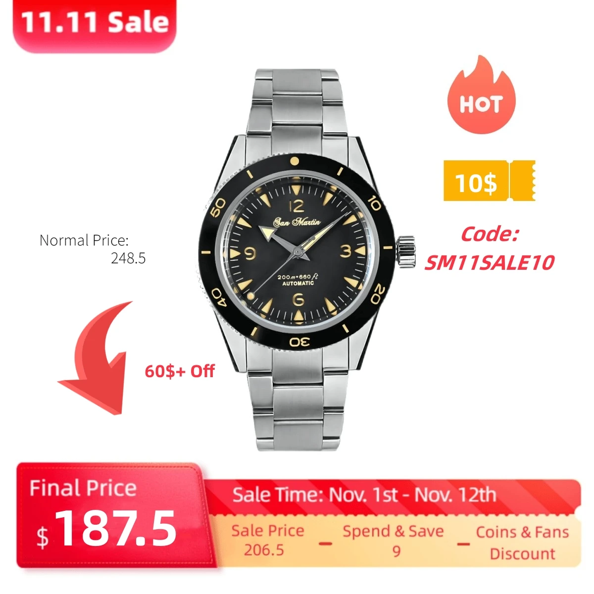 Купить Часы San Martin мужские механические с сапфировым стеклом, SN0051