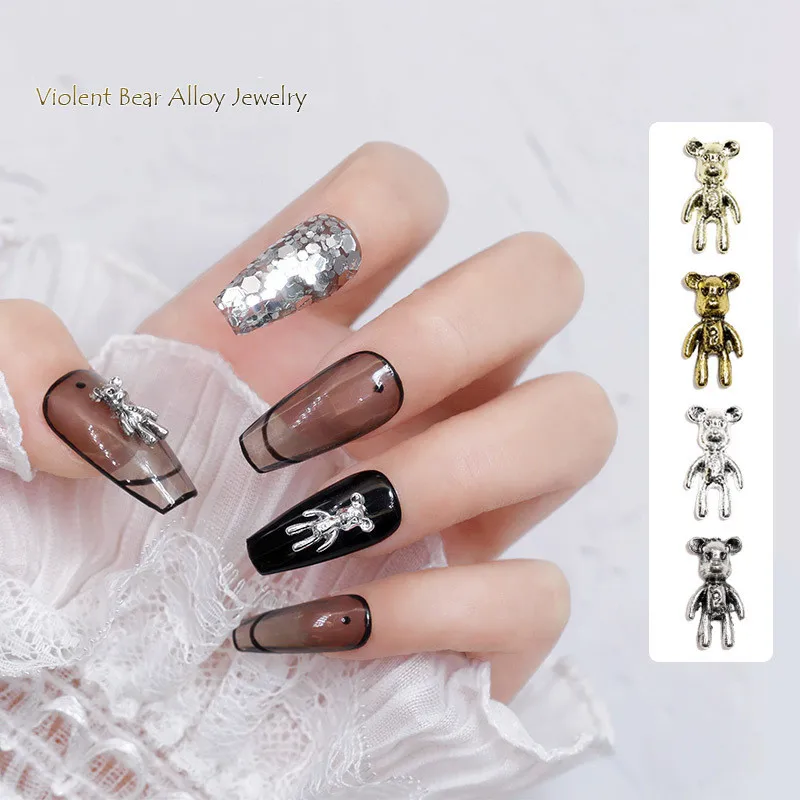 2022,New Punk Nail Metal Violent Bear Charm(6*12mm)Gold/Silver/Bronze Alloy Kawaii Gloomy Little Bear For Nails DIY Decorations