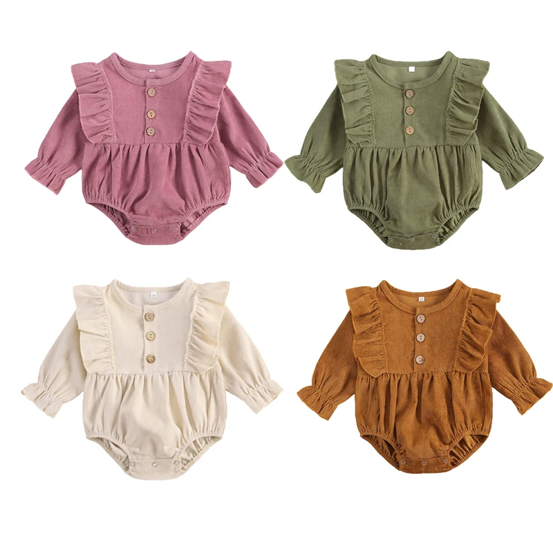 

Infant Baby Girl Corduroy Romper Newborn Baby Girl Solid Causal Long Sleeve Jumpsuit With Button Closure Spring Autumn Clothing